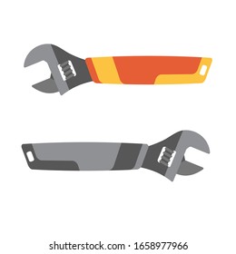 Adjustable spanner. Open-end crescent wrench with a sliding jaw. Insulated rubber coated.Flat style vector illustration