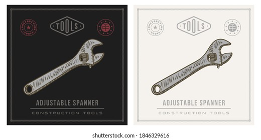 Adjustable spanner wrench retro illustration