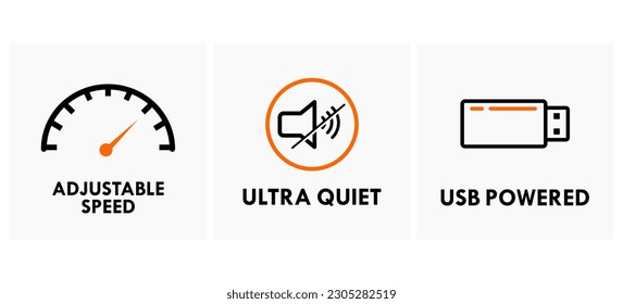 Adjustable speed, ultra quiet and usb powered design logo template illustration