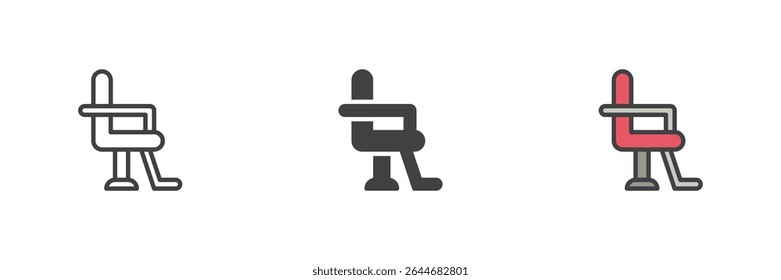 Adjustable styling chair with headrest icon in line, solid, and filled outline colorful styles. Vector barbershop seating icon symbol for haircut station and comfort.