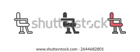 Adjustable styling chair with headrest icon in line, solid, and filled outline colorful styles. Vector barbershop seating icon symbol for haircut station and comfort.