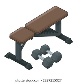 Adjustable weight training bench with padded seat and backrest alongside a pair of hex dumbbells, isolated on white background