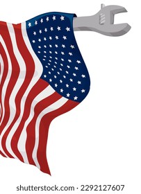Adjustable wrench with American flag hanging from it in cartoon style on white background.