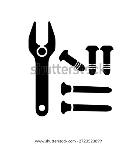 Adjustable Wrench and Bolts Set Silhouette, Hand Tool and Fastener Vector Illustration for Repair, Maintenance and DIY Construction