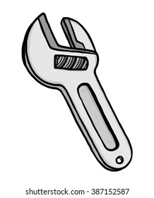 adjustable wrench / cartoon vector and illustration, grayscale, hand drawn style, isolated on white background.
