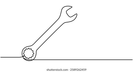 Adjustable wrench continuous single line drawing vector illustration, Continuous line drawing of wrench. Single line drawing of a wrench. Line art wrench. Vector illustration, Editable Stroke.