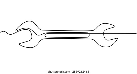 Adjustable wrench continuous single line drawing vector illustration, Continuous line drawing of wrench. Single line drawing of a wrench. Line art wrench. Vector illustration, Editable Stroke.