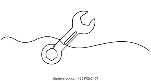 Adjustable wrench continuous single line drawing vector illustration, Continuous line drawing of wrench. Single line drawing of a wrench. Line art wrench. Vector illustration, Editable Stroke.