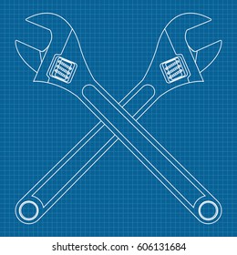 Adjustable wrench. Crossed icons. Vector illustration on blueprint background