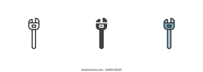 Adjustable wrench different style icon set. Line, glyph and filled outline colorful version, outline and filled vector sign. Adjustable spanner symbol, logo illustration. Vector graphics