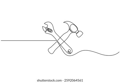 Adjustable wrench and hammer continuous one line drawing vector illustration, Continuous one line drawing of hammer and wrench - carpentry equipment. Crossed hammer and wrench in single line draw.