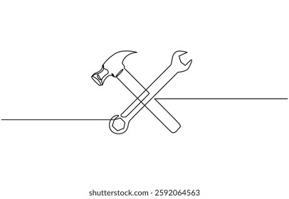 Adjustable wrench and hammer continuous one line drawing vector illustration, Continuous one line drawing of hammer and wrench - carpentry equipment. Crossed hammer and wrench in single line draw.