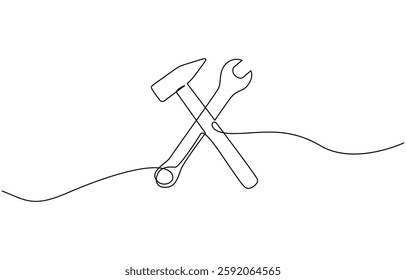 Adjustable wrench and hammer continuous one line drawing vector illustration, Continuous one line drawing of hammer and wrench - carpentry equipment. Crossed hammer and wrench in single line draw.