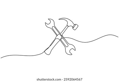 Adjustable wrench and hammer continuous one line drawing vector illustration, Continuous one line drawing of hammer and wrench - carpentry equipment. Crossed hammer and wrench in single line draw.