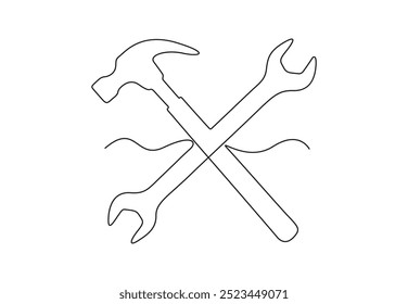 Adjustable wrench and hammer continuous single line drawing vector illustration