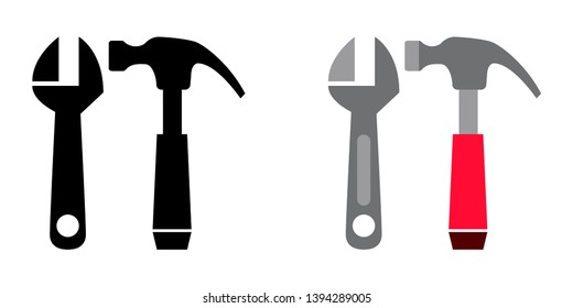 Adjustable Wrench and Hammer Icon in Color and Black Version