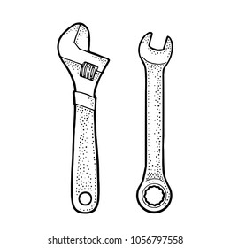 Adjustable wrench. Hand drawn in a graphic style. Vintage vector engraving illustration for info graphic, poster, web. Isolated on white background