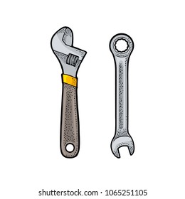 Adjustable wrench. Hand drawn in a graphic style. Vintage vector color engraving illustration for info graphic, poster, web. Isolated on white background