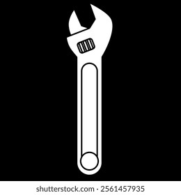 Adjustable wrench icon, wrench clip art, pipe wrench vector illustration, white on black background