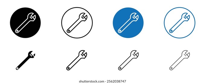 Adjustable wrench icon set in black and blue colors