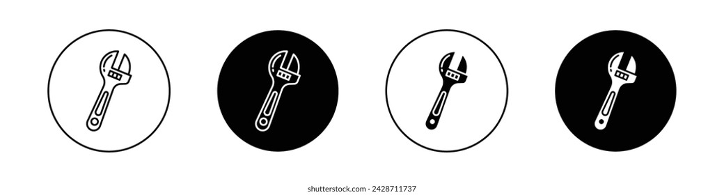 Adjustable Wrench Icon Set. Spanner Pipe Mechanical Vector Symbol in a Black Filled and Outlined Style. Fix in Motion Sign.