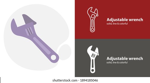 Adjustable wrench isolated tool flat icon with wrench solid, line icons