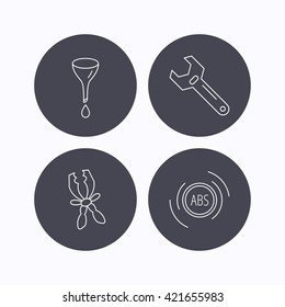 Adjustable wrench, oil change and abs icons. Battery terminal linear sign. Flat icons in circle buttons on white background. Vector