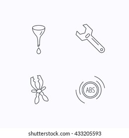 Adjustable wrench, oil change and abs icons. Battery terminal linear sign. Flat linear icons on white background. Vector