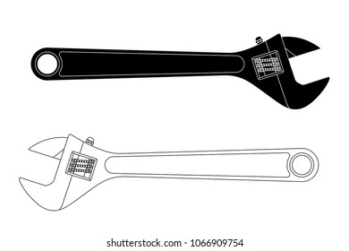 Adjustable wrench. Outline black and white drawing. Vector illustration isolated on white background