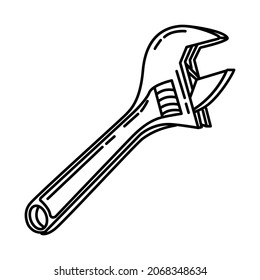 Adjustable Wrench Part of Contractor Material and Equipment Device Hand Drawn Icon Set Vector.