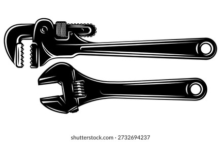 Adjustable wrench and pipe wrench set Essential tools for plumbing, construction, and home repair projects.