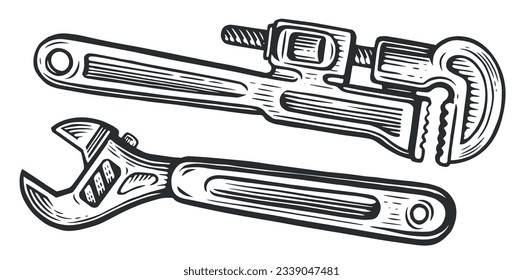 Llave ajustable y herramienta de fontanería. Concepto de obras de construcción. Dibujar ilustración vectorial