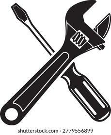 Adjustable wrench and screwdriver crossed over each other for repair and maintenance