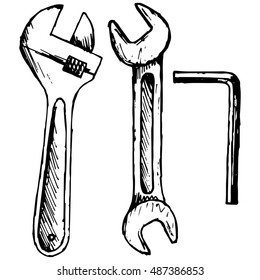 Adjustable wrench, spanner. Vector illustration, doodle style