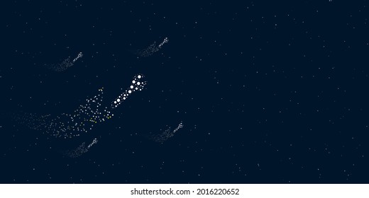 A adjustable wrench symbol filled with dots flies through the stars leaving a trail behind. There are four small symbols around. Vector illustration on dark blue background with stars