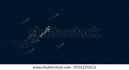 A adjustable wrench symbol filled with dots flies through the stars leaving a trail behind. There are four small symbols around. Vector illustration on dark blue background with stars