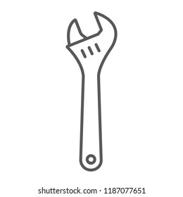 Adjustable wrench thin line icon, tool and repair, monkey wrench sign, vector graphics, a linear pattern on a white background, eps 10.