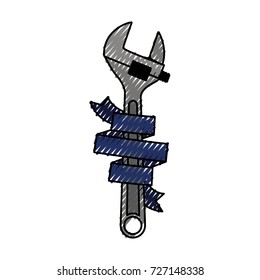 adjustable wrench tool with dark blue ribbon around colored crayon silhouette vector illustration