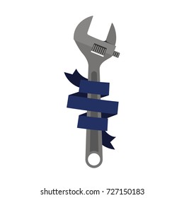 adjustable wrench tool with dark blue ribbon around colorful silhouette vector illustration
