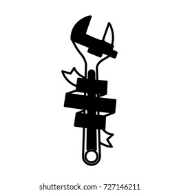 adjustable wrench tool with ribbon around black silhouette vector illustration