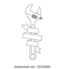 adjustable wrench tool with ribbon around monochrome silhouette vector illustration