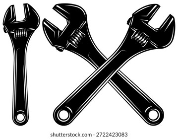 Juego de Ilustración vectorial de llave ajustable con herramientas para reparación, construcción y trabajo mecánico, ideal para diseño industrial.