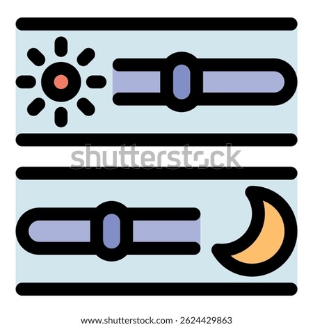 Adjusting brightness and color settings for optimal viewing in different lighting conditions, featuring sun and moon icons