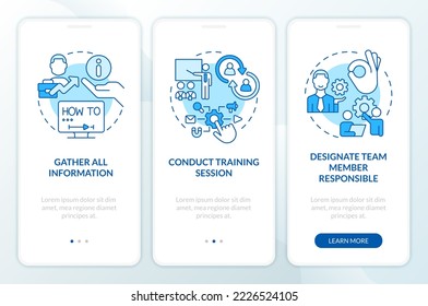 Adjusting business app tips blue onboarding mobile app screen. Walkthrough 3 steps editable graphic instructions with linear concepts. UI, UX, GUI template. Myriad Pro-Bold, Regular fonts used