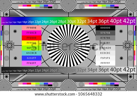 Adjusting camera lens test target colour chart. Tv screen background. EPS 10 vector file