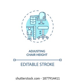 Adjusting chair height concept icon. Office ergonomics tip idea thin line illustration. Comfortable seating position. Seat height lever. Vector isolated outline RGB color drawing. Editable stroke