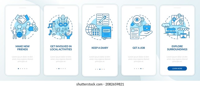 Adjusting to living abroad blue onboarding mobile app page screen. Migrate abroad walkthrough 5 steps graphic instructions with concepts. UI, UX, GUI vector template with linear color illustrations