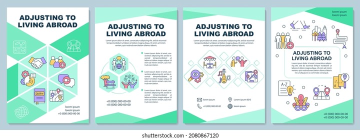 Adjusting to living abroad brochure template. Moving abroad. Flyer, booklet, leaflet print, cover design with linear icons. Vector layouts for presentation, annual reports, advertisement pages
