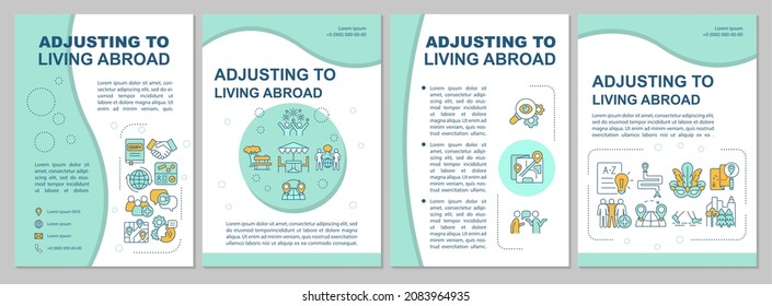 Adjusting to living abroad mint brochure template. Moving abroad. Flyer, booklet, leaflet print, cover design with linear icons. Vector layouts for presentation, annual reports, advertisement pages
