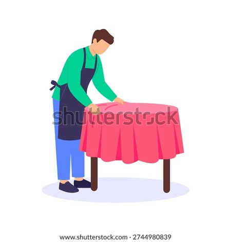 Adjusting Tablecloth, arranging tables neatly for guests, Flat vector character illustration